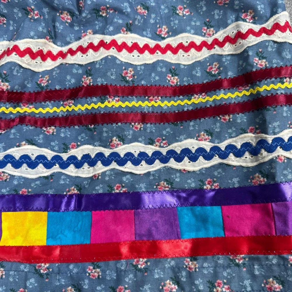 Fiesta Mi Lado Margaret Platt Ribbon Skirt Womens Blue Floral Ric Rac Lace Multi